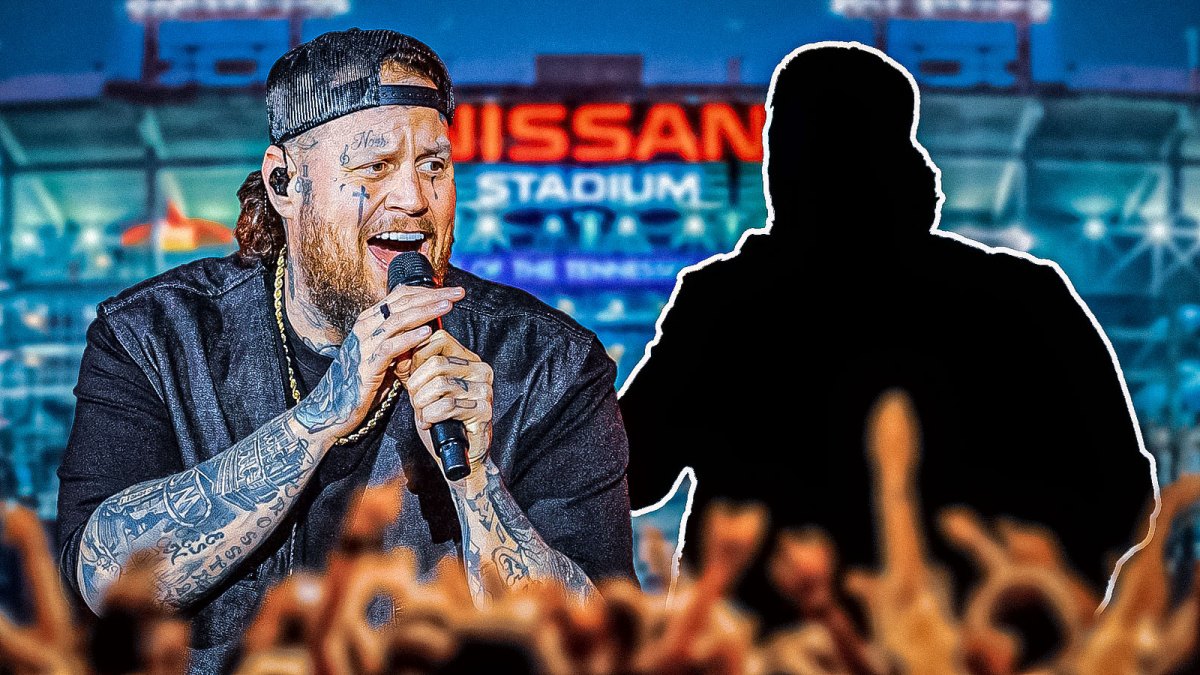 Country singer Jelly Roll next to a silhouette of himself to represent his weight loss and beardless transformation with Nissan Stadium in background, where the Tennessee Titans and Seattle Seahawks played in Week 12.