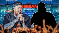 Country singer Jelly Roll next to a silhouette of himself to represent his weight loss and beardless transformation with Nissan Stadium in background, where the Tennessee Titans and Seattle Seahawks played in Week 12.