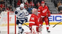 Detroit Red Wings goaltender John Gibson (36) reacts after giving up a power play goal against the Tampa Bay Lightning in the first period at Little Caesars Arena.