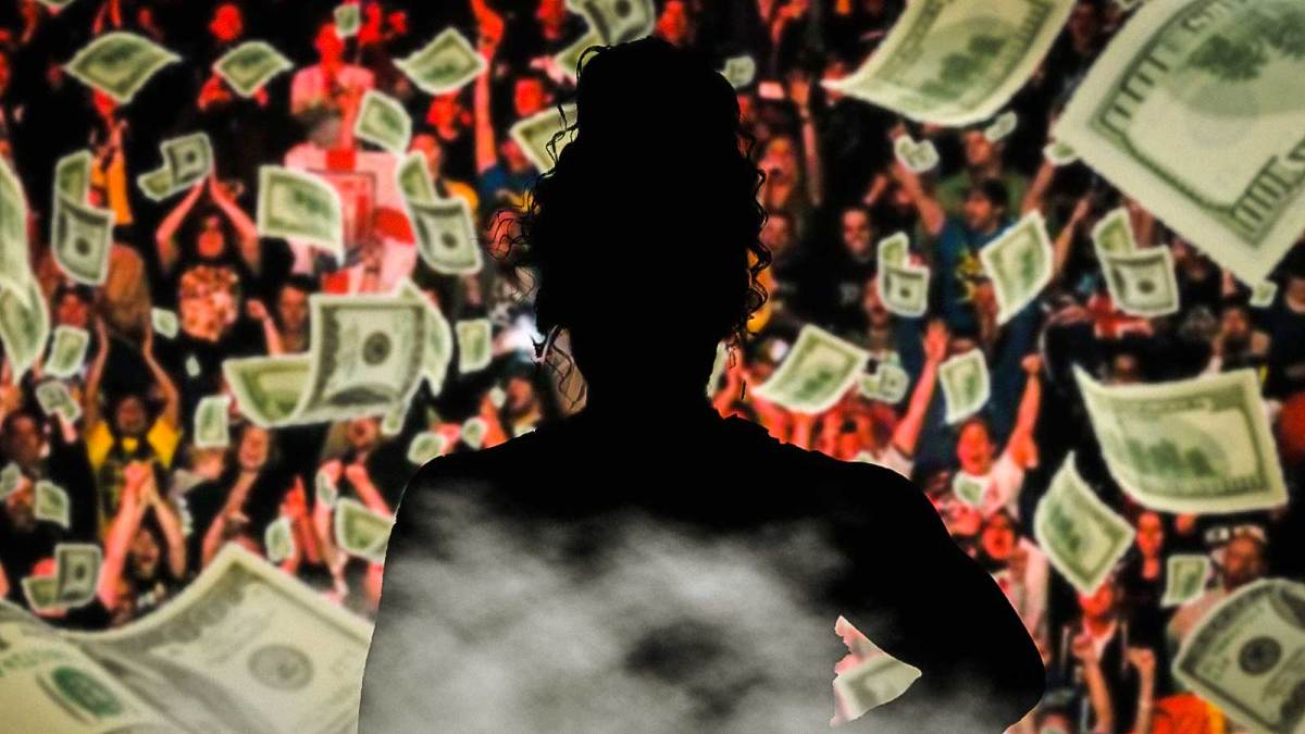 Silhouette of WWE Superstar Bianca Belair, who signed a new contract with CAA, with money around her.