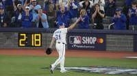 Toronto Blue Jays pitcher Max Scherzer (31) is relieved in the fifth inning against the Los Angeles Dodgers during game seven of the 2025 MLB World Series at Rogers Centre. Mandatory Credit: Kevin Sousa-Imagn Images