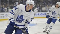 Toronto Maple Leafs center David Kampf (64) warms up prior to the game against the Los Angeles Kings at Crypto.com Arena.