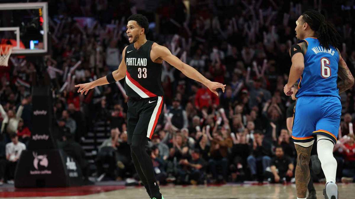 Trail Blazers forward Toumani Camara (33) reacts after scoring a three-point shot against Oklahoma City Thunder forward Jaylin Williams (6) during the second half at Moda Center