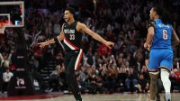 Trail Blazers forward Toumani Camara (33) reacts after scoring a three-point shot against Oklahoma City Thunder forward Jaylin Williams (6) during the second half at Moda Center