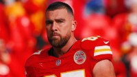 Kansas City Chiefs tight end Travis Kelce (87) looks on before the game against the Indianapolis Colts at GEHA Field at Arrowhead Stadium.