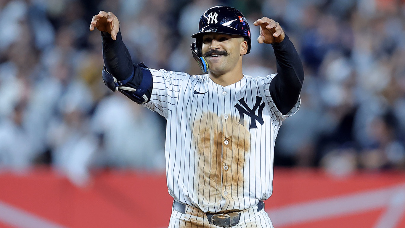 New York Yankees center fielder Trent Grisham (12) celebrates his double against the Boston Red Sox during the seventh inning of game two of the Wildcard round of the 2025 MLB playoffs at Yankee Stadium.