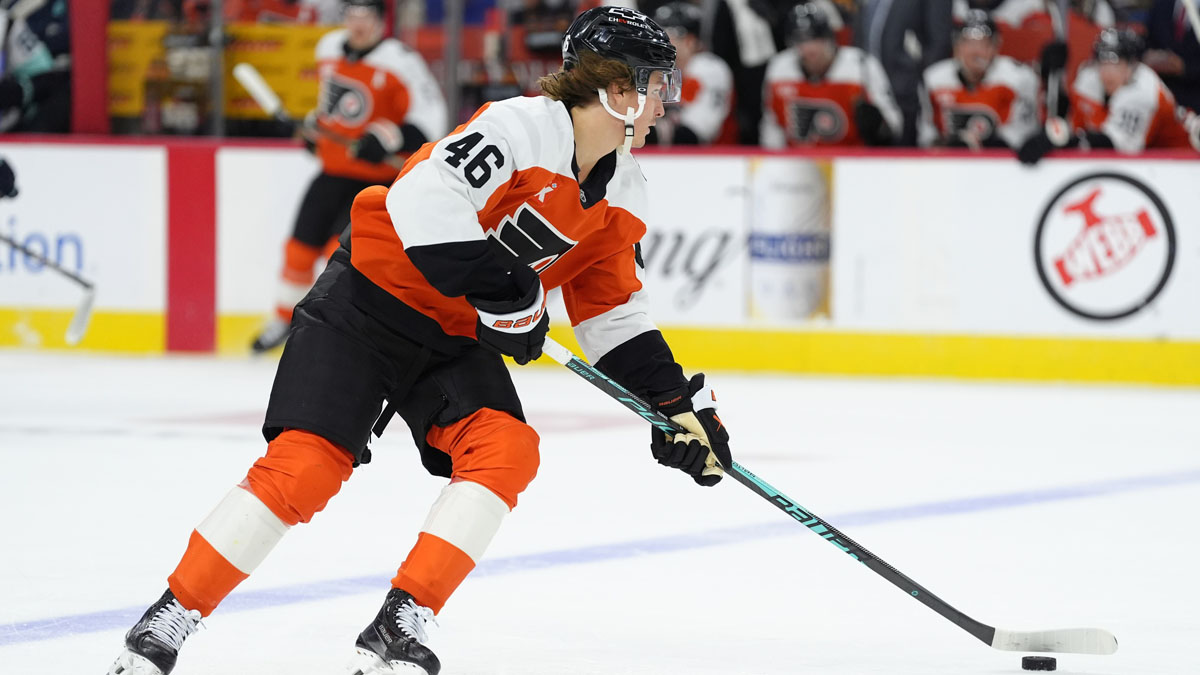 Philadelphia Flyers center Trevor Zegras (46) controls the puck against the Seattle Kraken in the second period at Xfinity Mobile Arena.