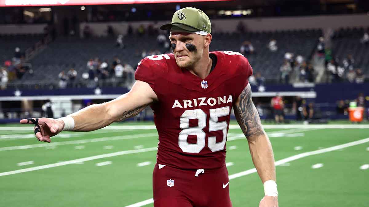Arizona Cardinals tight end Trey McBride (85) celebrates after defeating the Dallas Cowboys at AT&T Stadium.