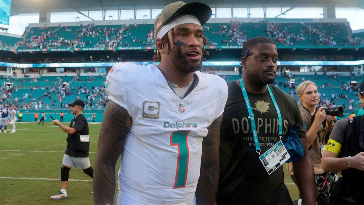 Miami Dolphins quarterback Tua Tagovailoa (1) after defeating the Bills at Hard Rock Stadium.