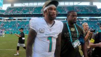 Miami Dolphins quarterback Tua Tagovailoa (1) after defeating the Bills at Hard Rock Stadium.