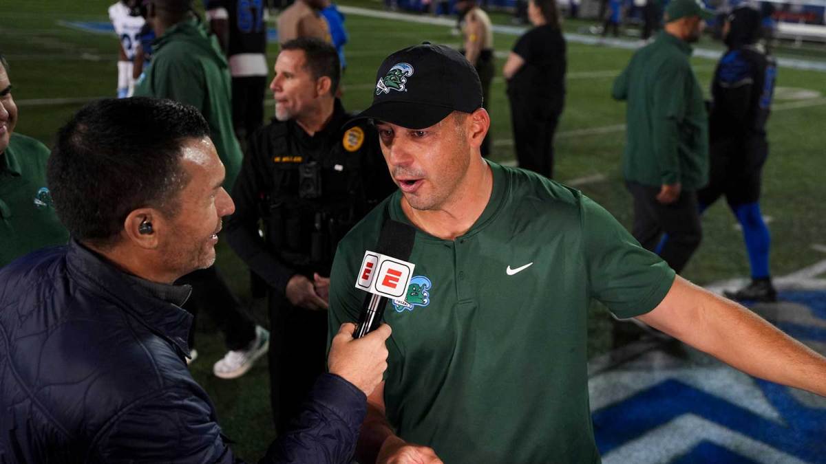Tulane's head coach Jon Sumrall is interviewed after Tulane defeated Memphis 38-32 at Simmons Bank Liberty Stadium in Memphis, Tenn., on November 7, 2025.