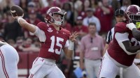 Alabama Crimson Tide quarterback Ty Simpson (15) throws a pass during the first half against the Oklahoma Sooners at Saban Field at Bryant-Denny Stadium.