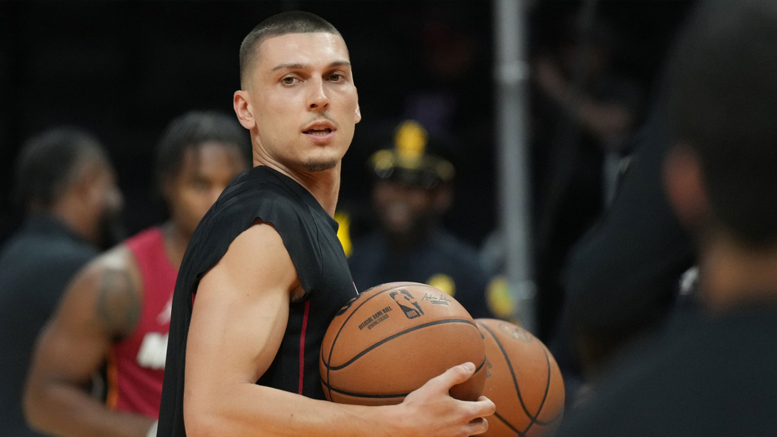 Miami Heat guard Tyler Herro (14) warms-up before the game against the Dallas Mavericks at Kaseya Center.