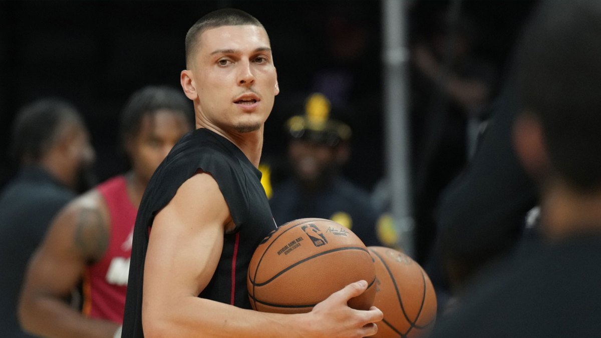 Miami Heat guard Tyler Herro (14) warms-up before the game against the Dallas Mavericks at Kaseya Center.