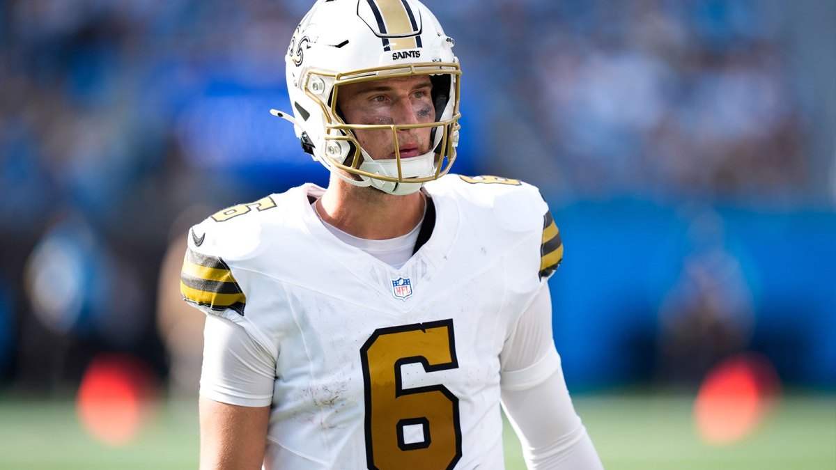New Orleans Saints quarterback Tyler Shough (6) looks on during the second quarter against the Carolina Panthers at Bank of America Stadium.