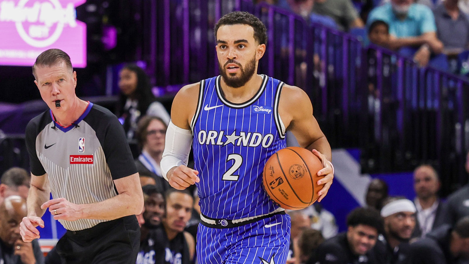 Magic guard Tyus Jones (2) brings the ball up court during the second half against the Atlanta Hawks at Kia Center.