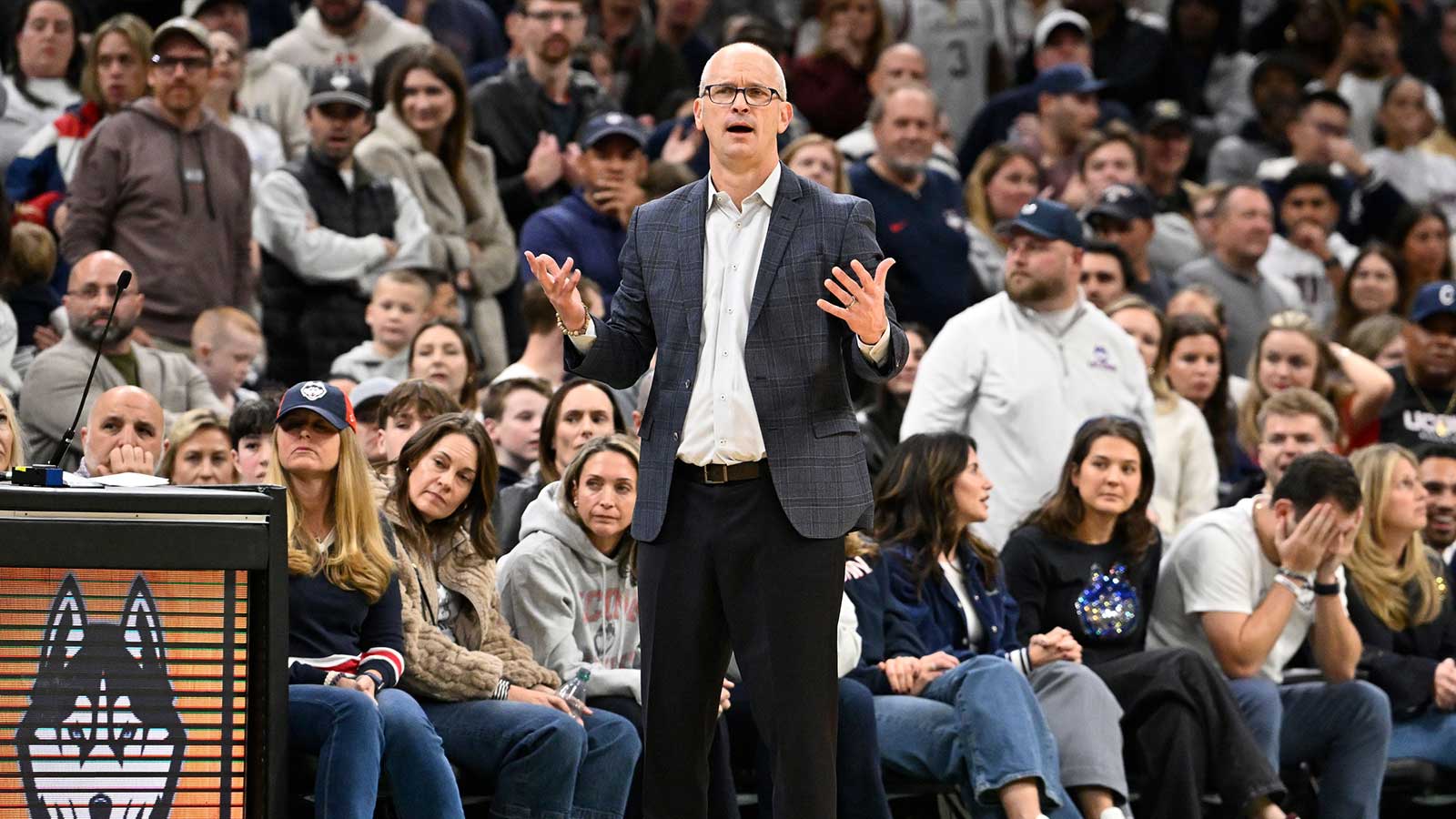 UConn Huskies head coach Dan Hurley reacts the call on the court during the second half against the BYU Cougars at TD Garden.