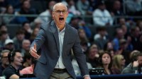 UConn Huskies head coach Dan Hurley watches from the sideline as they take on the Bryant Bulldogs at Peoples Bank Arena.