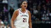 UConn Huskies forward Sarah Strong (21) reacts after a play against the Ohio State Buckeyes in the first half.