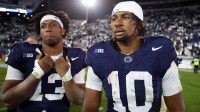 Penn State Nittany Lions running back Nicholas Singleton (10) and running back Kaytron Allen (13) stand on the field following the game against the Nebraska Cornhuskers at Beaver Stadium.