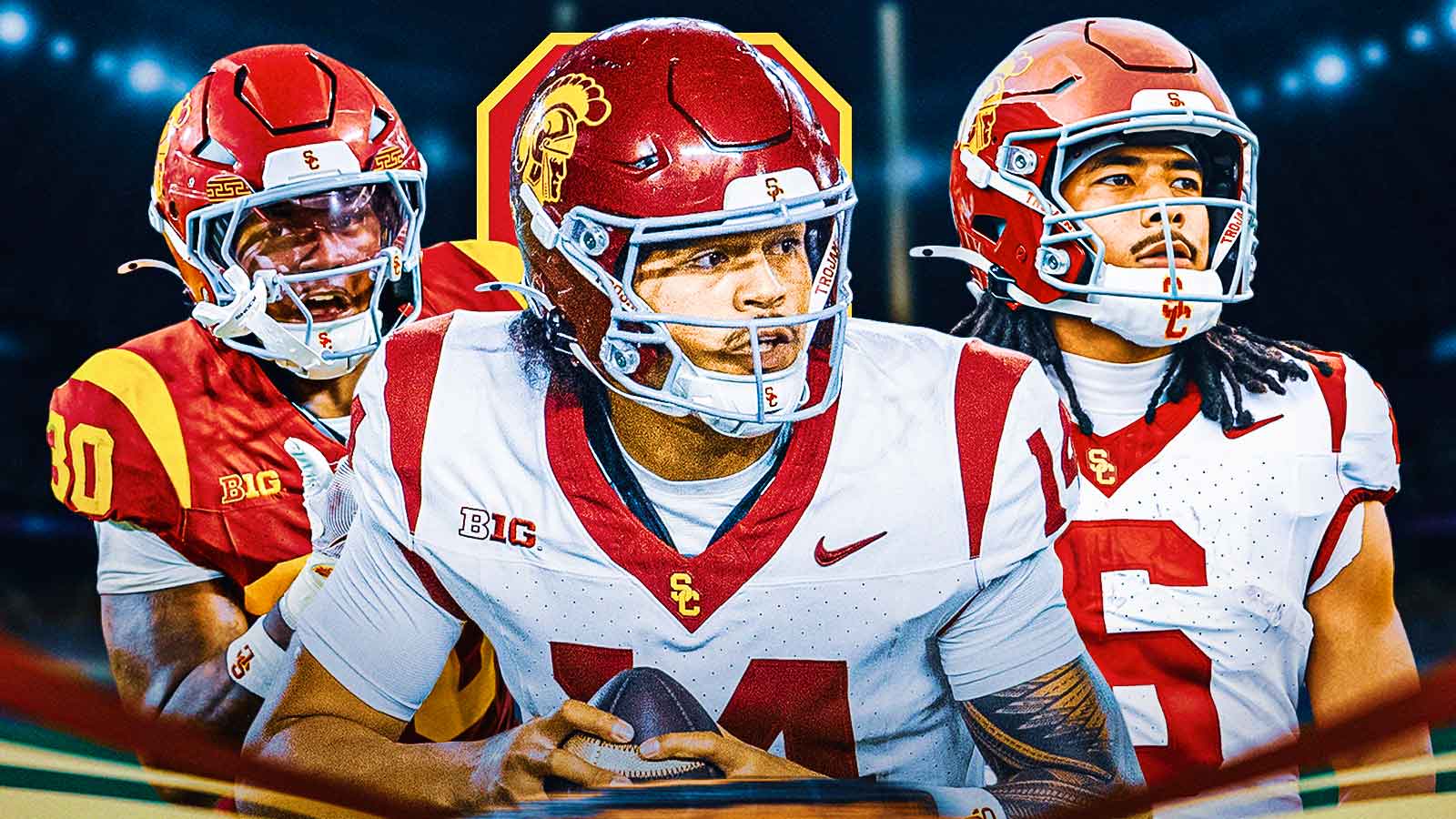 Jayden Maiava in the middle, King Miller and Makai Lemon on the outsides, USC logo in the background.