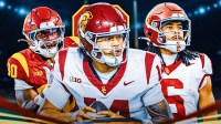 Jayden Maiava in the middle, King Miller and Makai Lemon on the outsides, USC logo in the background.