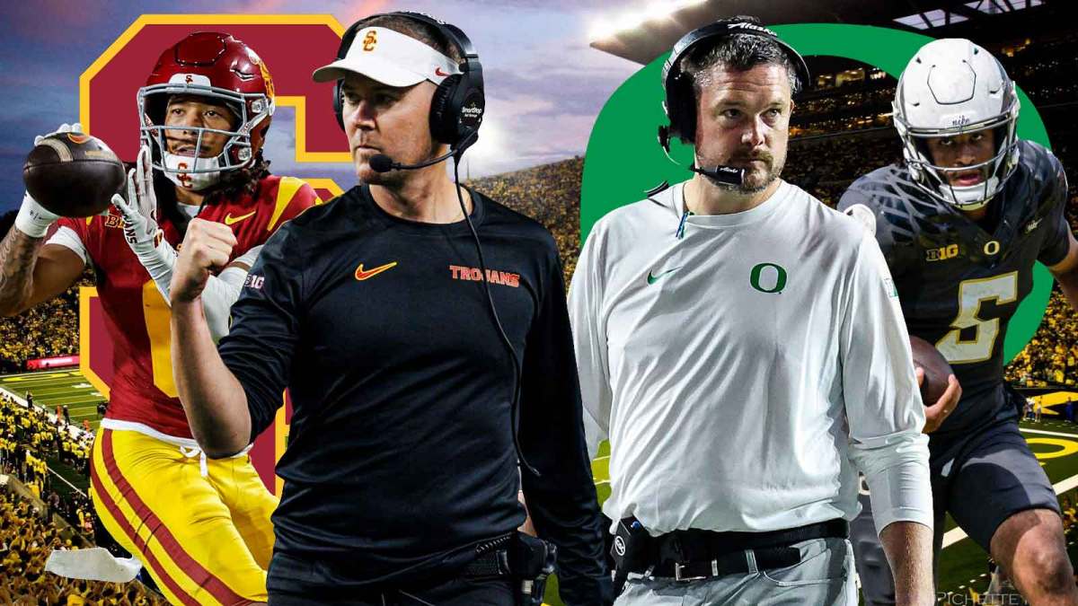 Lincoln Riley, Makai Lemon, USC logo on one side. Dan Lanning, Dante Moore, Oregon logo on the other side. Autzen Stadium in the background