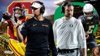Lincoln Riley, Makai Lemon, USC logo on one side. Dan Lanning, Dante Moore, Oregon logo on the other side. Autzen Stadium in the background