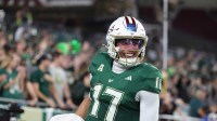 South Florida Bulls quarterback Byrum Brown (17) celebrates after they scored a touchdown against the UTSA Roadrunners during the second quarter at Raymond James Stadium.