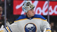 Buffalo Sabres goalie Ukko Pekka Luukkonen (1) during a break in the play in the third period against the Toronto Maple Leafs at Scotiabank Arena.