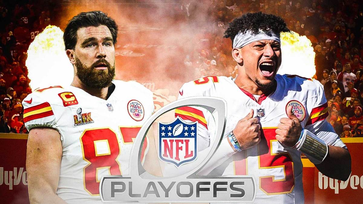 Travis Kelce and Patrick Mahomes with NFL playoff logo front and center.