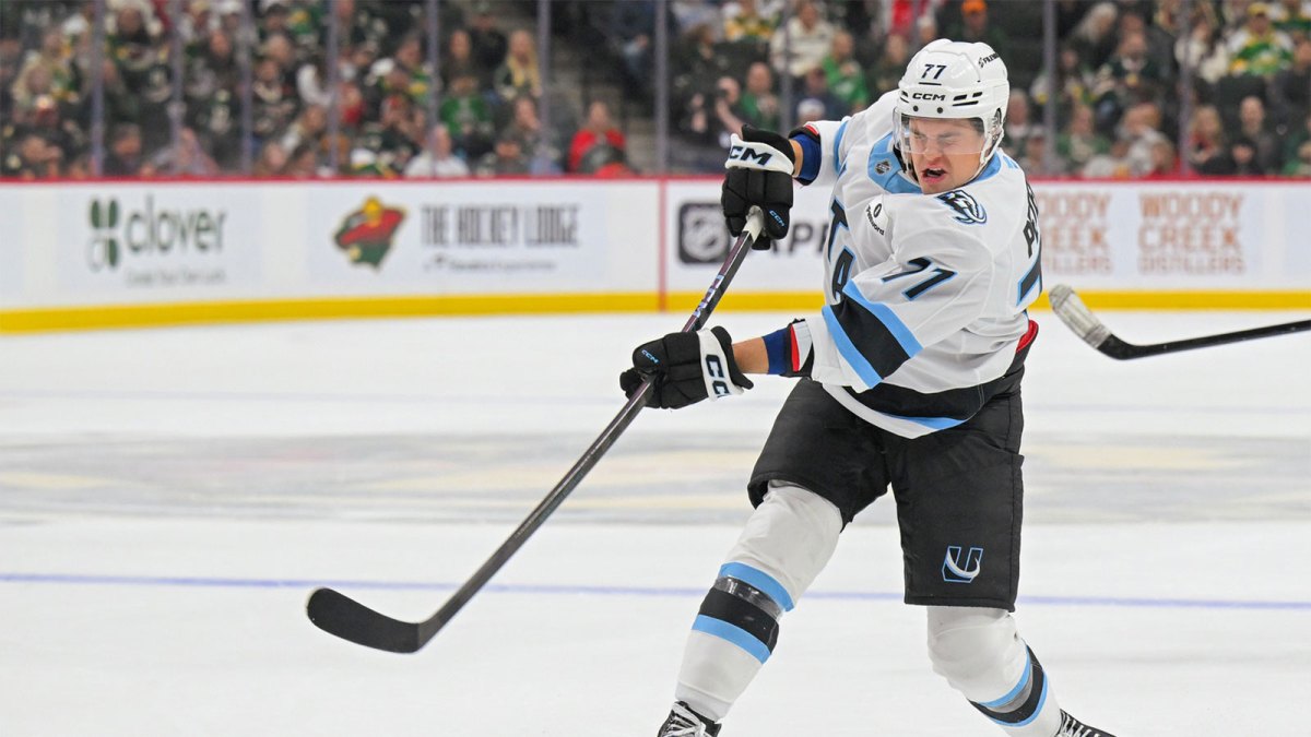 Utah Mammoth forward JJ Peterka (77) takes a shot against the Minnesota Wild during the third period at Grand Casino Arena.