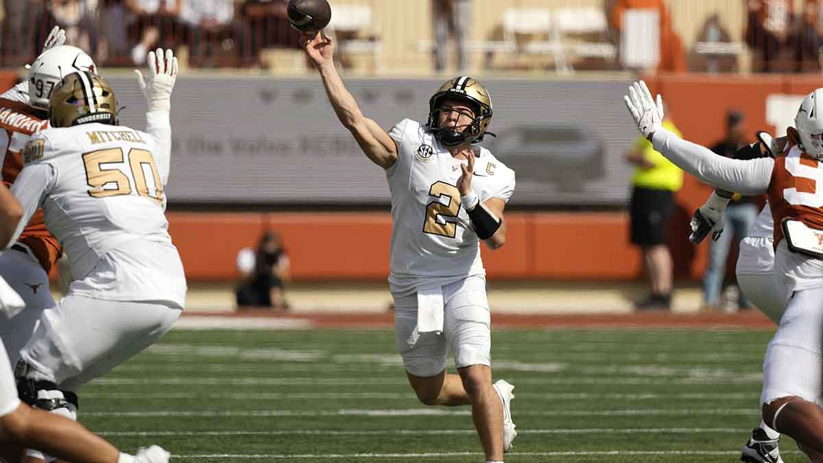 Vanderbilt Commodores quarterback Diego Pavia (2) throws a pass during the first half against the Texas Longhorns at Darrell K Royal-Texas Memorial Stadium. 