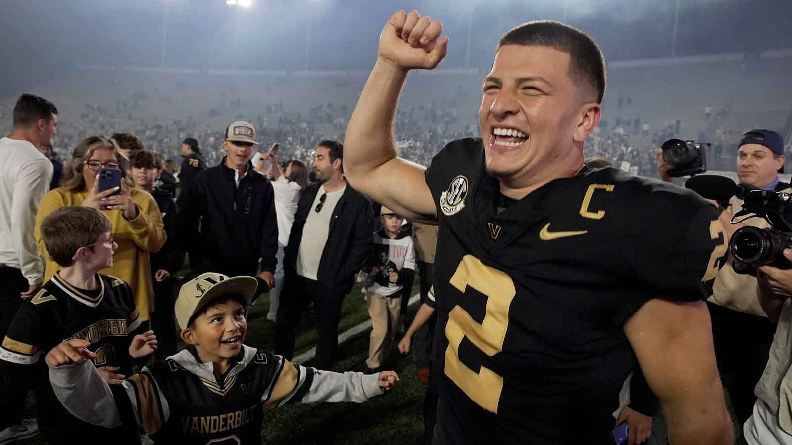 Vanderbilt quarterback Diego Pavia (2) celebrates after the team’s win against Kentucky at FirstBank Stadium in Nashville, Tenn., Saturday, Nov. 22, 2025.