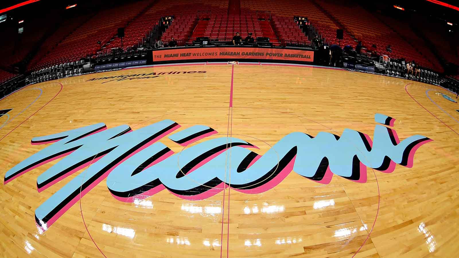 A general view of the City Edition details on the court prior to the game between the Miami Heat and the Golden State Warriors at American Airlines Arena. 