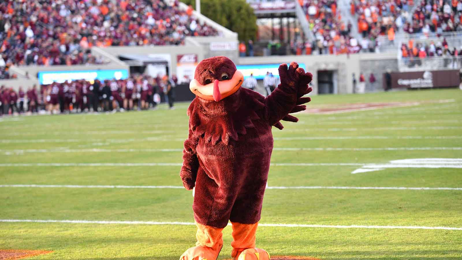 Nov 1, 2025; Blacksburg, Virginia, USA; The Virginia Tech Hokie Bird during the third quarter at Lane Stadium.