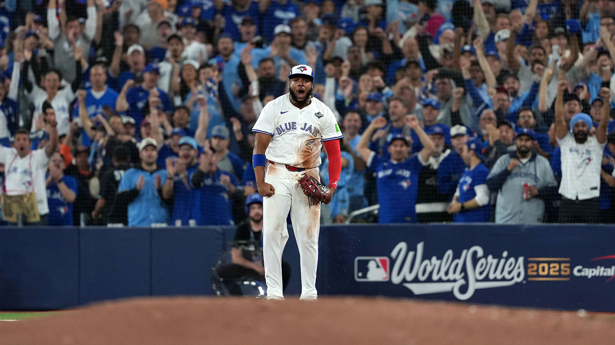 Toronto Blue Jays first baseman Vladimir Guerrero Jr. (27) reacts after a play against the Los Angeles Dodgers in the fourth inning for game seven of the 2025 MLB World Series at Rogers Centre.