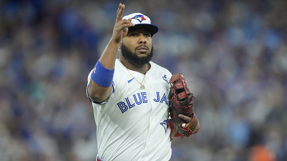 Toronto Blue Jays first baseman Vladimir Guerrero Jr. (27) looks on before game seven of the 2025 MLB World Series against the Los Angeles Dodgers at Rogers Centre.