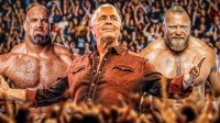 WWE stars Goldberg, Bret Hart, and Brock Lesnar.