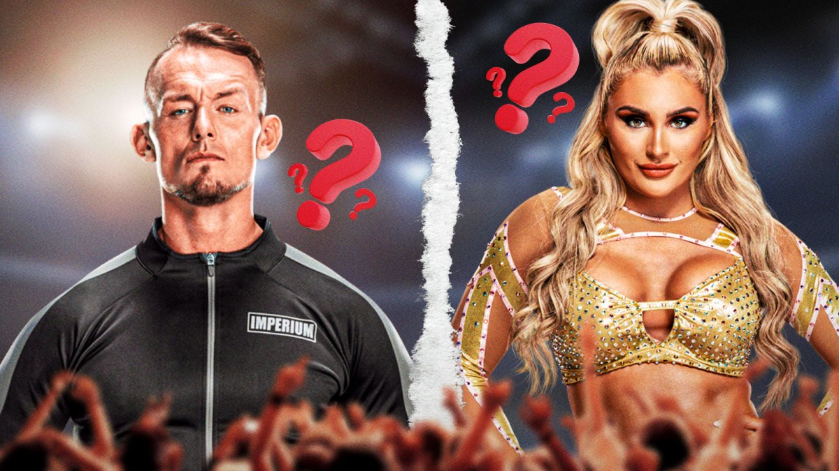 WWE stars Ludwig Kaiser and Tiffany Stratton with a page torn between them amid breakup rumors.