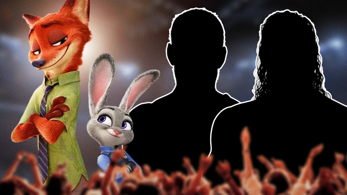 Zootopia 2 characters Nick Wilde and Judy Hopps next to silhouettes of WWE and movie stars CM Punk and Roman Reigns.