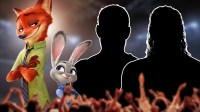Zootopia 2 characters Nick Wilde and Judy Hopps next to silhouettes of WWE and movie stars CM Punk and Roman Reigns.