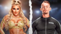 WWE stars Tiffany Stratton and Ludwig Kaiser, who are rumored to have broken up, with a page torn effect in between them.