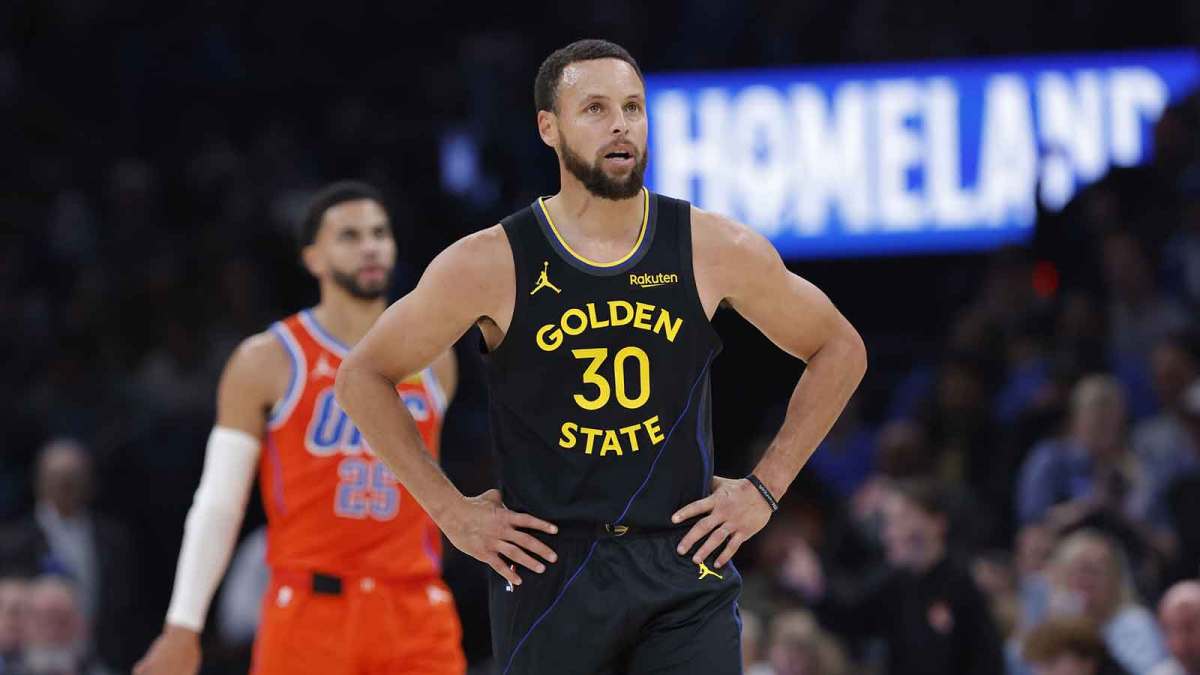 Warriors guard Stephen Curry (30) stands a play against the Oklahoma City Thunder during the second half at Paycom Center