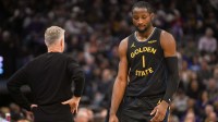 Golden State Warriors forward Jonathan Kuminga (1) walks off the court after being removed from the game during the fourth quarter of the game against the Sacramento Kings at Golden 1 Center.