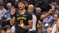 Golden State Warriors guard Gary Payton II (0) reacts to a call during the second quarter of the game against the Sacramento Kings at Golden 1 Center.