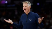 Golden State Warriors head coach Steve Kerr reacts during the first half against the New Orleans Pelicans at Smoothie King Center.
