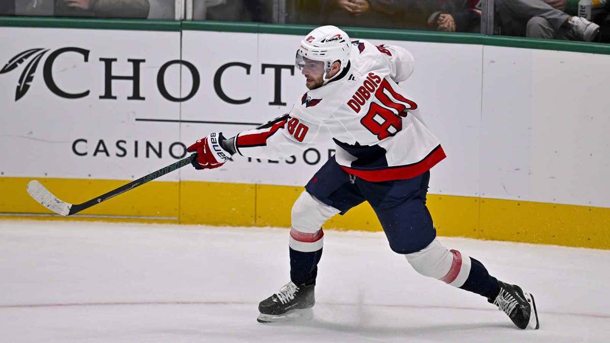 Washington Capitals left wing Pierre-Luc Dubois (80) shoots the puck during the game between the Stars and the Capitals at the American Airlines Center.
