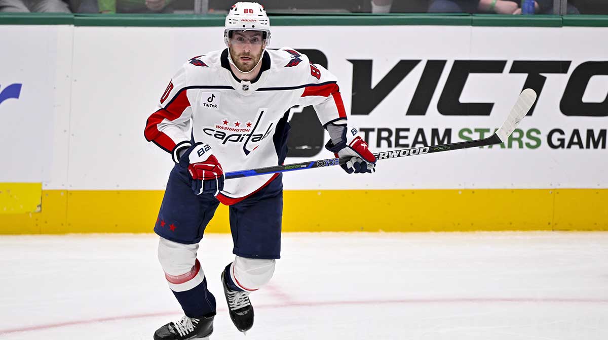 Washington Capitals left wing Pierre-Luc Dubois (80) skates against the Dallas Stars during the game between the Stars and the Capitals at the American Airlines Center.