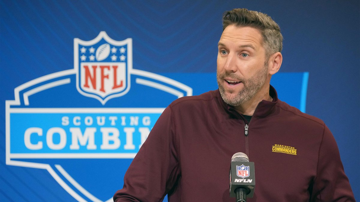 Washington Commanders general manager Adam Peters speaks during the NFL Scouting Combine at the Indiana Convention Center.